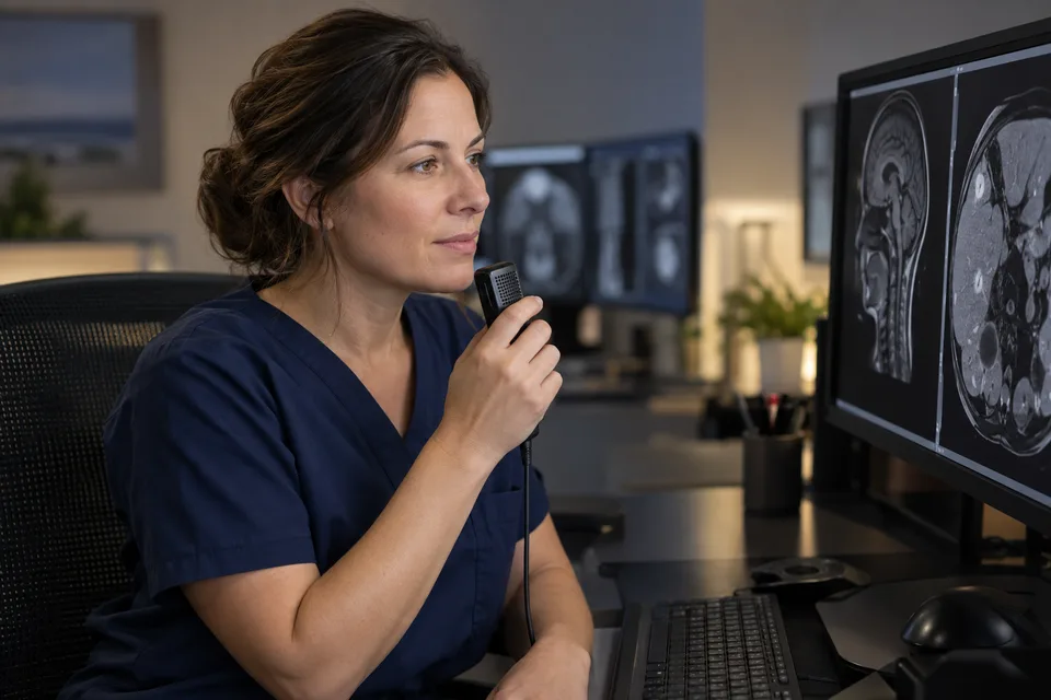 Radiologist dictating a report into a microphone